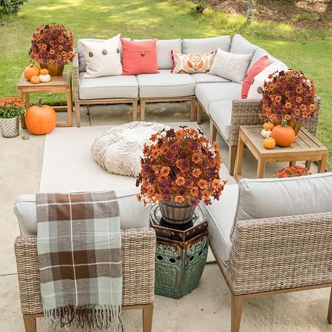 Outdoor Artificial Fall Flowers, UV Resistant Faux Shrub Decorations, Fall Orange and Red Flowers for Front Porch, Patio, Garden, Thanksgiving Decoration (Pack of 2)