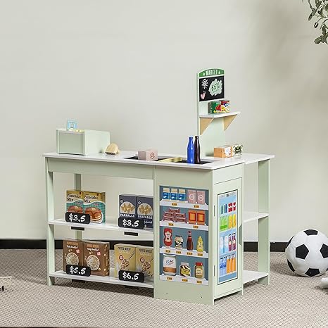 SainSmart Jr. Grocery Store Pretend Play, Wooden Play Store with Cash Register, Chalkboard, Cooler, Play Food Accessories, for Toddlers Aged 3+, Light Sage Green