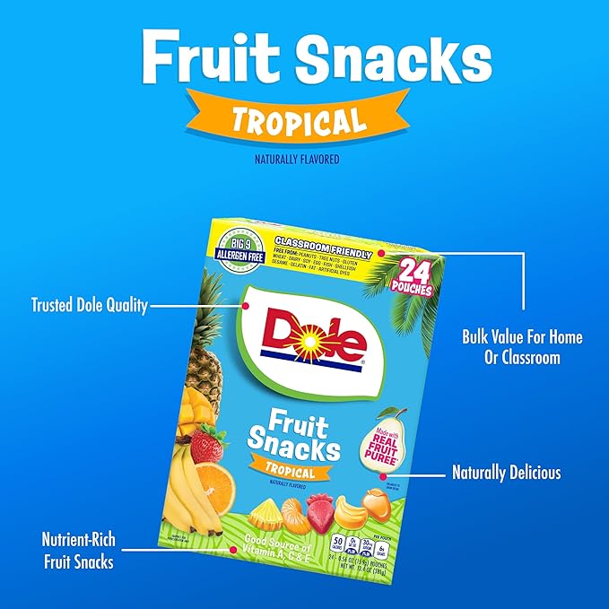 Dole Fruit Snacks, Tropical Flavors - Individually Wrapped Pouches - Classroom-Friendly, Plant-Based, Top 9 Allergen Free, No Artificial Dyes, Natural Fruit Purée - 5 Boxes, 120 Total Pouches