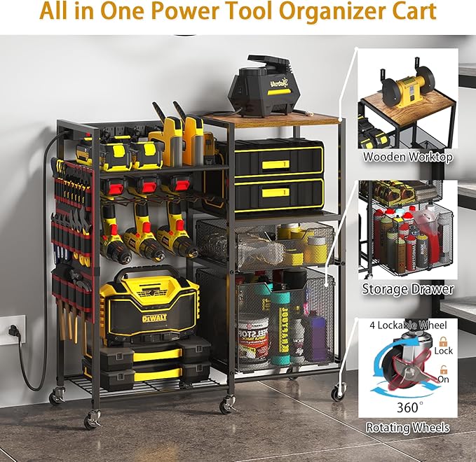Large Power Tool Organizer Cart with Charging Station, 6 Slots for Cordless Drill Holder with Drawers, Rolling Storage Cart with 8 Power Outlet Heavy Duty Garage Organizer with Wheels Gift for Men