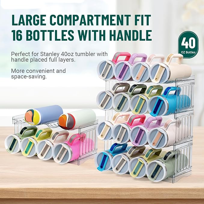 Water Bottle Organizer for Full Stanley 40 oz Tumbler with Handle, Cabinet Kitchen Pantry Organizers and Storage for Owala Stanley Cup Accessories Holder, Patented Stackable Tumbler Organizer Gifts