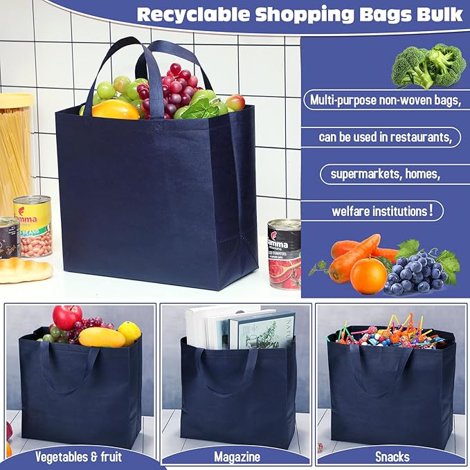 Windyun Reusable Grocery Bags Large Non Woven Shopping Bags with Handles Foldable Portable Tote Bulk, 12.6 x 11.8 x 6.3 Inch