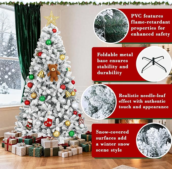 6ft Snow Flocked Artificial Christmas Tree with 760 Tips, Foldable Base, Hinged Branches, Flame-Resistant PVC for Home, Party Decoration