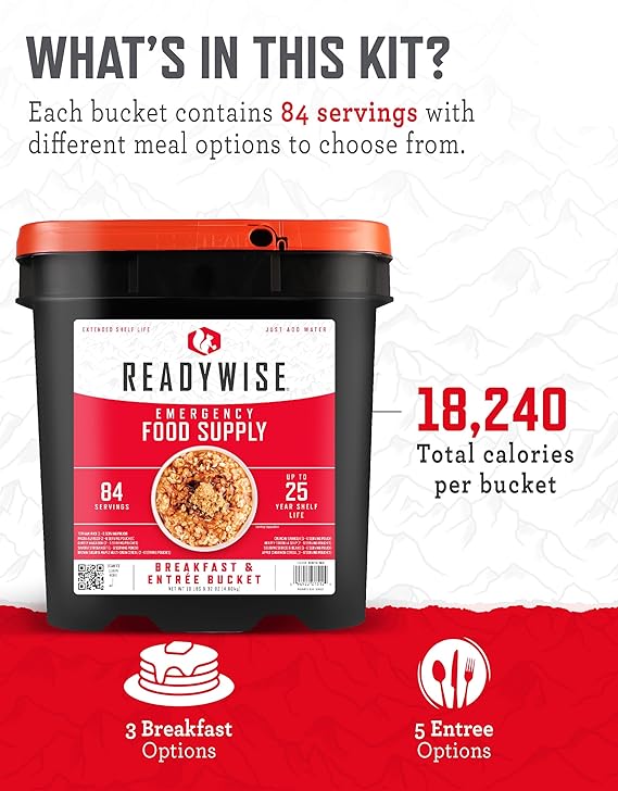 ReadyWise Emergency Food Supply - 84 Servings Breakfast & Entrée Bucket, Protein Meals, Dehydrated & Freeze Dried Food for Backpacking, Camping Essentials & Prepping Supplies, up to 25 Year Shelf Life