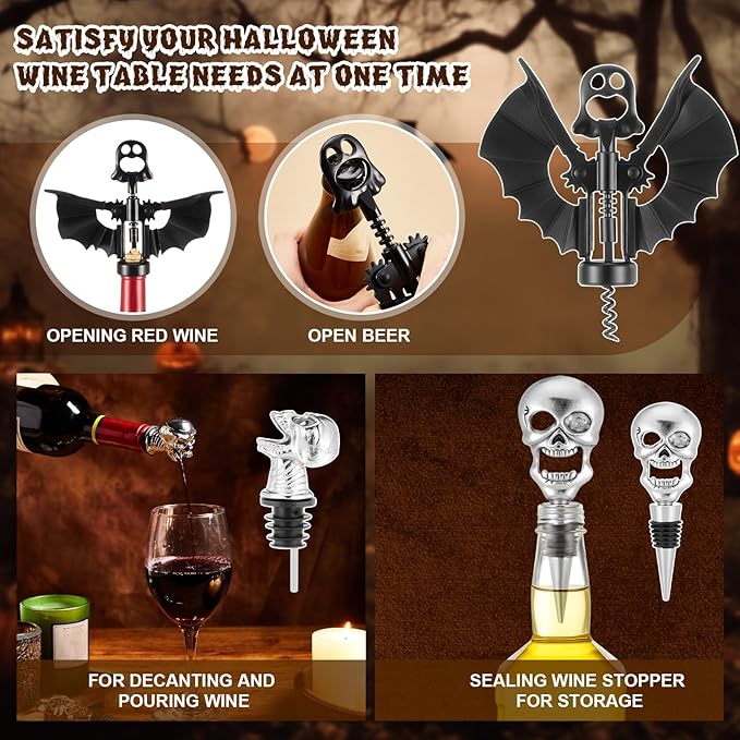 LemonRoad 3 Pcs Gothic Wine Accessories 2 in 1 Ghost Wine Beer Bottle Opener Skull Aerator Pourer Spout Stoppers for Goth Halloween Gifts Kitchen Accessories