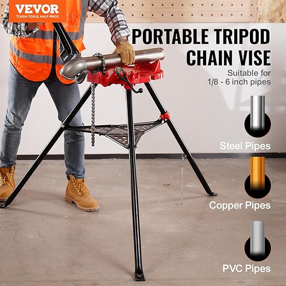 Mophorn 460-6 Tripod Pipe Chain Vise 1/8"-6" Capacity,Pipe Stand Portable Foldable Steel Legs,Pipe Jack Stands w/ Tool Tray, Tripod Stand Chain Vise Ideal for a Variety of Pipe Materials