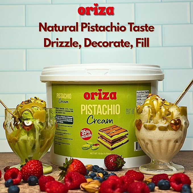 Oriza Pistachio Cream, 10lbs Pail (Pack of 2) – Premium Bakery Spread with 35% Pistachios, Palm Oil Free, Non-GMO – Ideal for Pastries, Gelato, Cakes & Dessert Filling