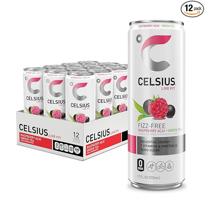 CELSIUS Raspberry Acai Green Tea, Functional Essential Energy Drink 12 Fl Oz (Pack of 12) Packaging may vary