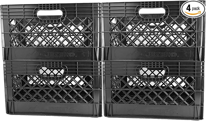 JEZERO 24 Quart 4-Pack Heavy Duty Plastic Crate | Stackable Multi-Purpose Storage Bin for Garage, Home, Office, Groceries, Outdoor, Camping & Kayaking | Black Utility Tote, 19" x 13" x 11"