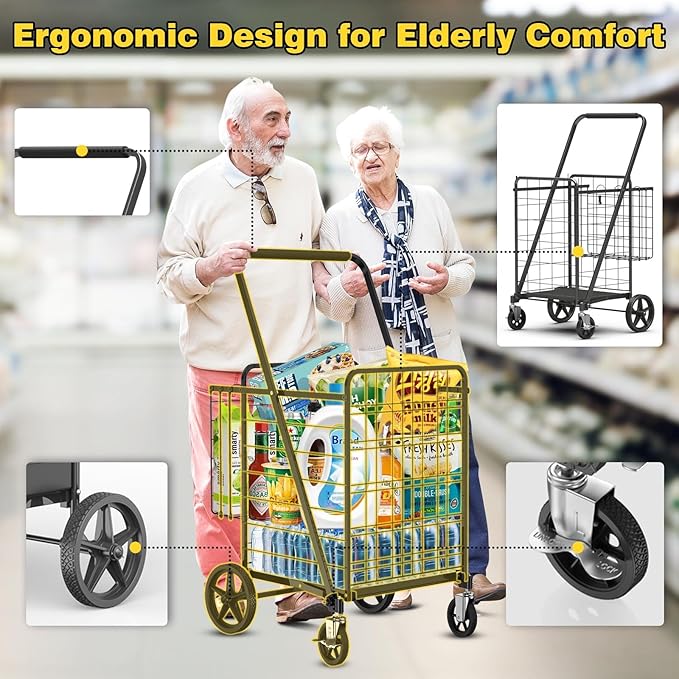 Folding Shopping Cart for Groceries with Braked Rolling Swivel Wheels - Extra Large Heavy Duty Grocery Cart with Double Basket & Removable Waterproof Liner, Upgraded Laundry Utility Cart