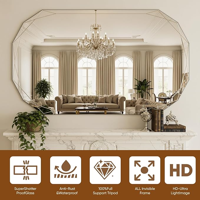Suidia Bathroom Mirror, 30"x 48" Wall Mirror, Frameless Bathroom Mirror with Beveled Edge for Bedroom, Living Room, Entryway, Hallway, Oval Shape