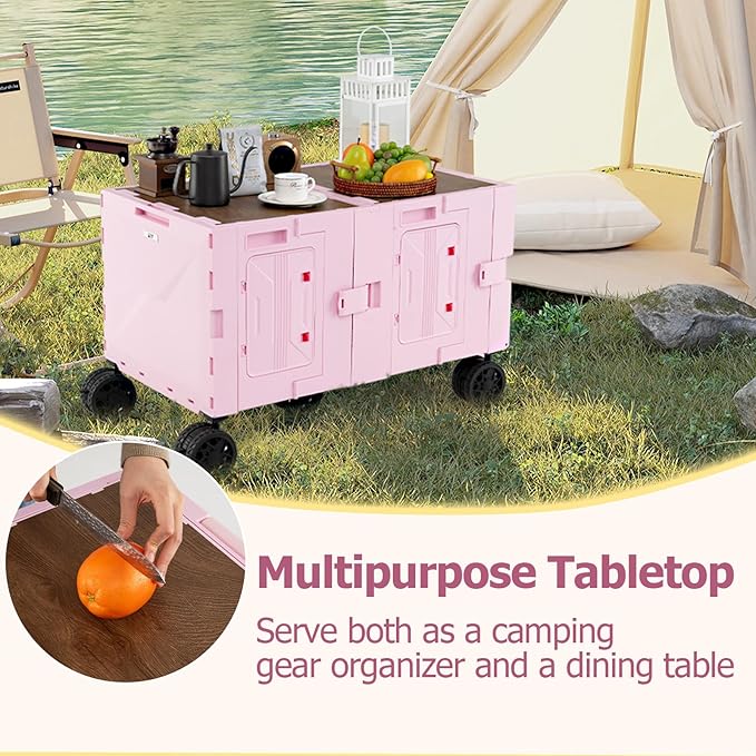 Goplus Large Foldable Utility Cart w/ 2-Tier Storage Crates, 5 Rotate Wheels, Metal Telescoping Handle, Portable Rolling Trolley Collapsible Cart for Grocery Shopping Camping & Travel (Pink)