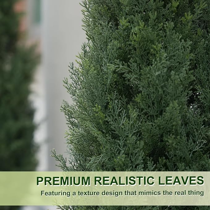 2Pack 3ft Outdoor Artificial Cedar Topiary Trees - Faux Pine in Distressed Oak-Look Planters, for Symmetrical Porch & Entryway Decor