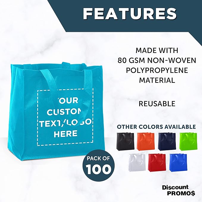DISCOUNT PROMOS Custom Reusable Cloth Grocery Shopping Tote Bags - 100 Pack - Personalized Logo, Text - Foldable, Washable, Shopper Bag - Sky Blue
