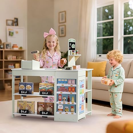 SainSmart Jr. Grocery Store Pretend Play, Wooden Play Store with Cash Register, Chalkboard, Cooler, Play Food Accessories, for Toddlers Aged 3+, Light Sage Green