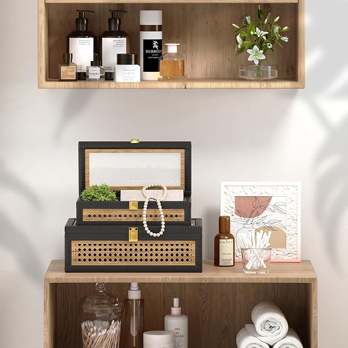 Rattan Decorative Box,Boho Display Boxes with Lids,Set of 2 Rectangular Wicker Storage Decoration,Natural Woven Cane Bins for Home Decor for Rustic Farmhouse(Yellow and Black)