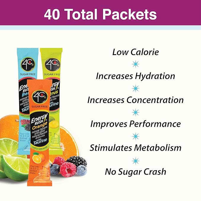 4C Energy Rush Stix, Variety 1 Pack, 40 Count, Single Serve Water Flavoring Packets, Sugar Free with Taurine, On the Go Bundle (20 Berry, 10 Orange, 10 Citrus)