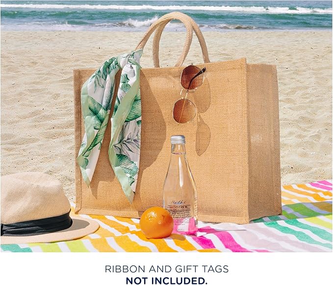 Extra Large Jute Burlap Tote Bags, 10 Pack, Eco-Friendly Beach Bags, Cotton Handles 18”x 13”x 8