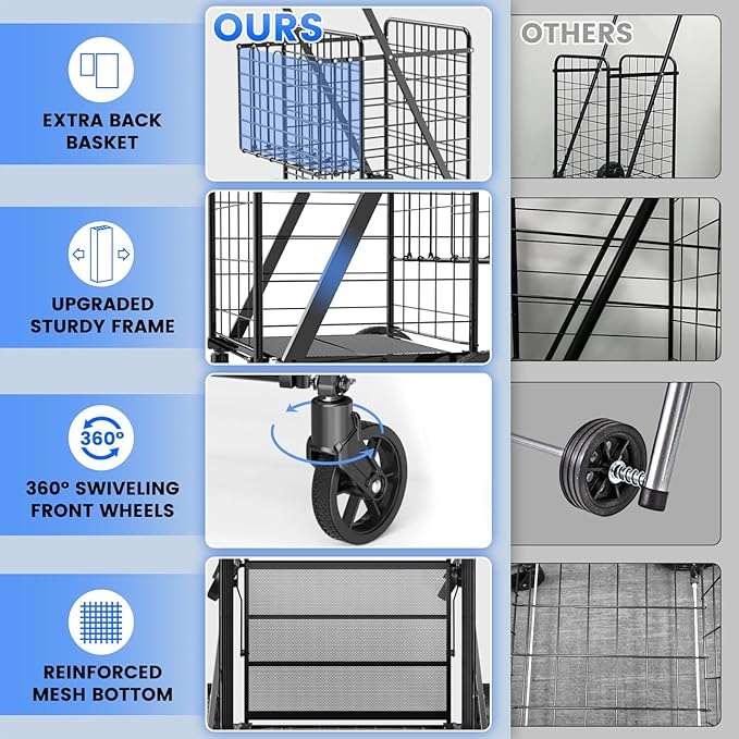 450lbs Capacity Shopping Cart,Upgrade Huge Grocery Cart on Wheels,Heavy Duty Foldable Utility Shopping Carts with Double Basket and 360° Rolling Swivel Wheels for Groceries Laundry Transport 1