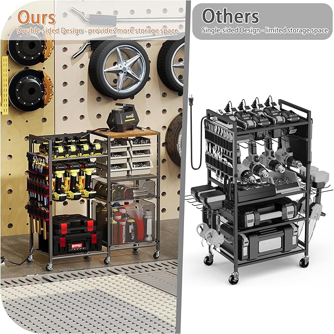 Large Power Tool Organizer Cart with Charging Station, 6 Slots for Cordless Drill Holder with Drawers, Rolling Storage Cart with 8 Power Outlet Heavy Duty Garage Organizer with Wheels Gift for Men