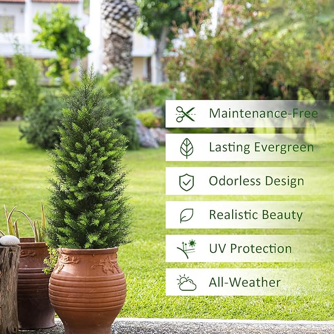 HMASYO 3FT Artificial Cedar Topiary Trees Set of 2, Realistic Potted Fake Cypress Tree Faux Pine Shrubs Plants with UV Resistant for Indoor Outdoor Home Porch Front Door Garden Offices Decorations