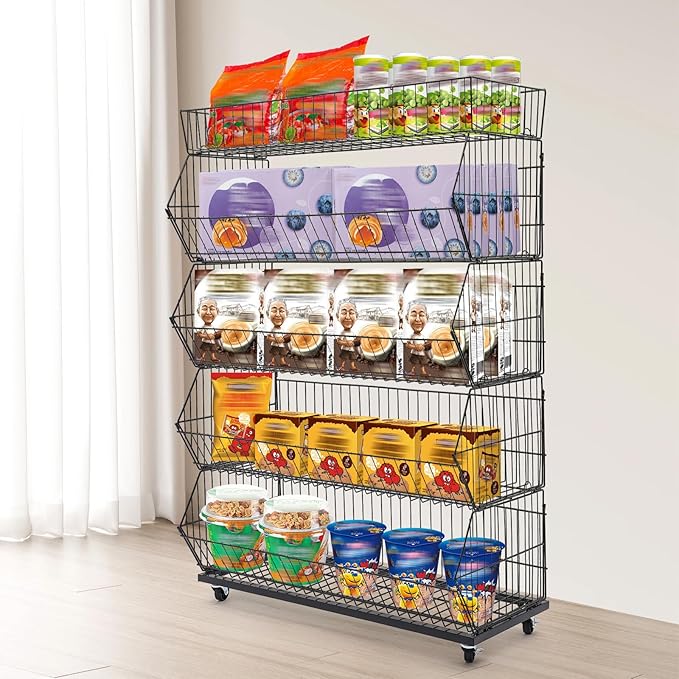 5-Shelf Retail Display, Wire Shelving with Wheels and Hook Heavy-duty Metal Snack Display Organizer, Retail Shelf for Supermarket Grocery Store Home Kitchen