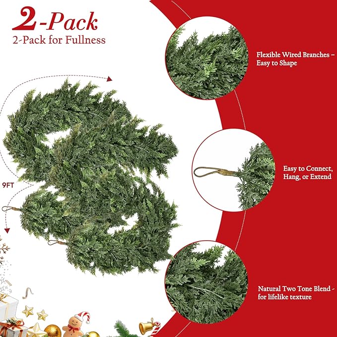 2PCS 9FT Christmas Cedar Garland with 240 Pine Tips, Realistic Faux Garland Artificial Greenery for Fireplace, Table, Mantle, Wall, Indoor, Outdoor Winter Holiday Home Decorations