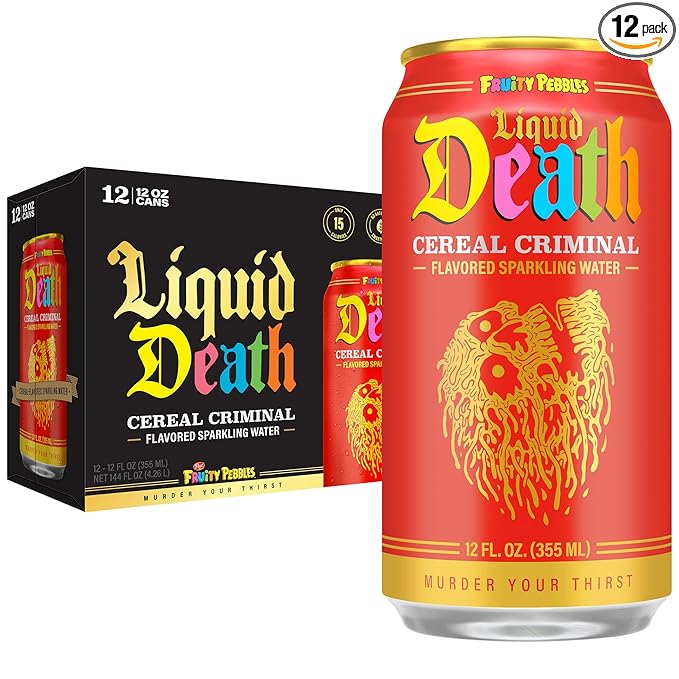 Liquid Death, Cereal Criminal, Fruitty Pebbles-Flavored Sparkling Water, 12-Pack (12oz Cans), Low Sugar, Huge Flavor & No Artificial Sweeteners