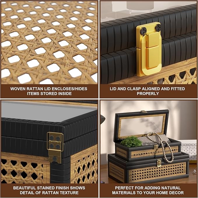 Rattan Decorative Box,Boho Display Boxes with Lids,Set of 2 Rectangular Wicker Storage Decoration,Natural Woven Cane Bins for Home Decor for Rustic Farmhouse(Yellow and Black)