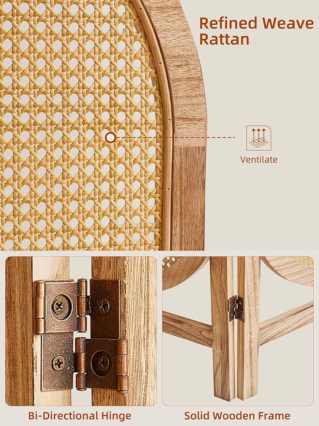 3 Panel Room Dividers and Folding Privacy Screens, Hand-Made Rattan Room Divider with Bi-Directional Hinge, Pre-Assembled Wood Privacy Dividers for Home Office Bedroom, Hotel Decorations