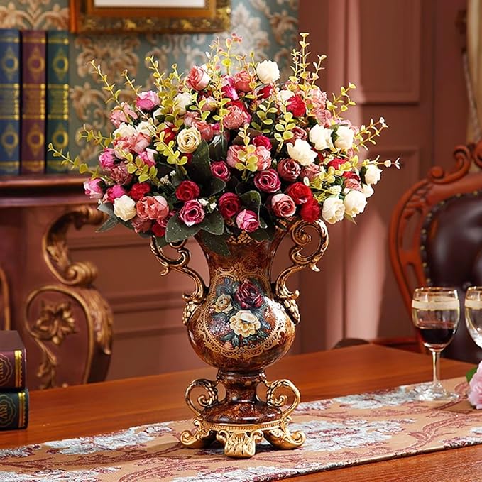 Artificial Vintage Flower Arrangement Vase Set European Golden Resin Vase Fake Flower Decor Wedding Party