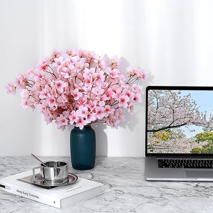 SITUMEIZI 6Pcs Artificial Cherry Blossom Branches Decor Fake Flowers 16" Silk Faux Flowers for Decoration Spring Peach Bouquet Home Wedding Bedroom Party Japanese Garden Table Centerpiece Decor(Pink)