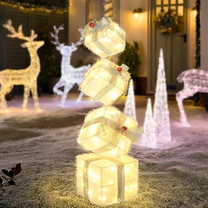 Christmas Lighted Gift Boxes Decorations Set of 4, 2.8Ft Stackable Christmas Nesting Boxes Battery Operated with Timer for Home and Party Decoration