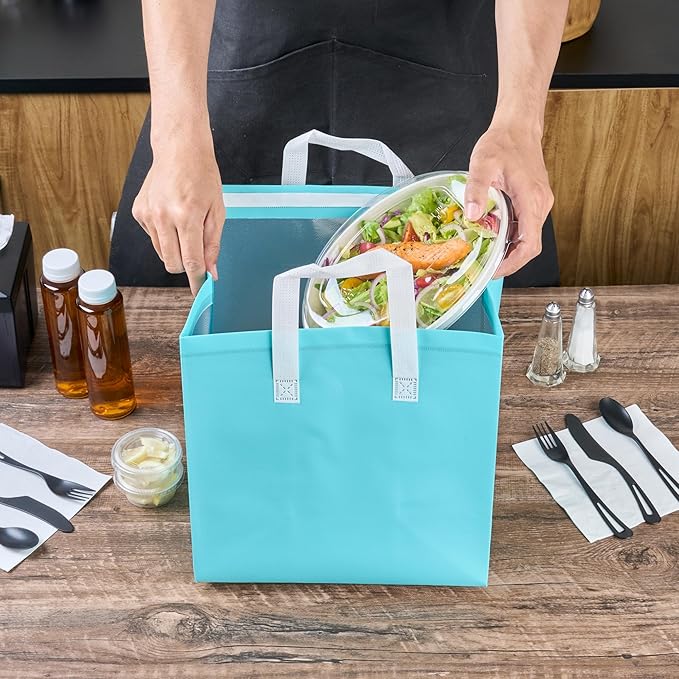 Restaurantware Insulated Take Away Bags 100 Pack Of Reusable Grocery Shopping Bags With Handle Foldable Waterproof Cooler Delivery Carriers For Work Camping Restaurants Coffee Seafood Milk Tea