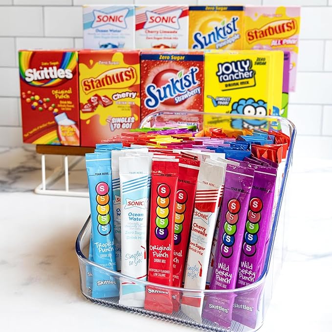 Singles To Go! 120ct Bulk Variety Pack - 20 Different Flavors from Skittles, Sonic, Sunkist, Starburst and More - Sugar Free Drink Mix Packets - Sugar Free Water Flavoring Packets