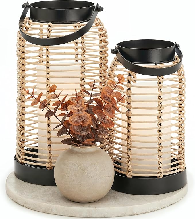 Natural Rattan Boho Lanterns - Handcrafted Chic Decor to Enhance Your Home - Modern Farmhouse Beauty Perfect for Any Living Room, Patio & Porch, Indoor and Outdoor Coffee Table or Kitchen Dining Table