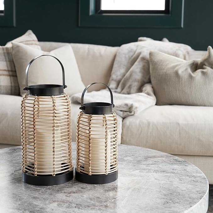 Natural Rattan Boho Lanterns - Handcrafted Decor to Enhance Your Home - Modern Farmhouse Beauty Perfect for Any Living Room, Patio & Porch, Indoor and Outdoor Coffee Table or Kitchen Dining Table