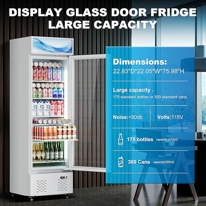 12 Cu.ft. Commercial Beverage Fridge Merchandiser Refrigerator Glass Door Upright Display Cooler with LED Light and Adjustable Shelves for Restaurant Grocery Stores Home, White