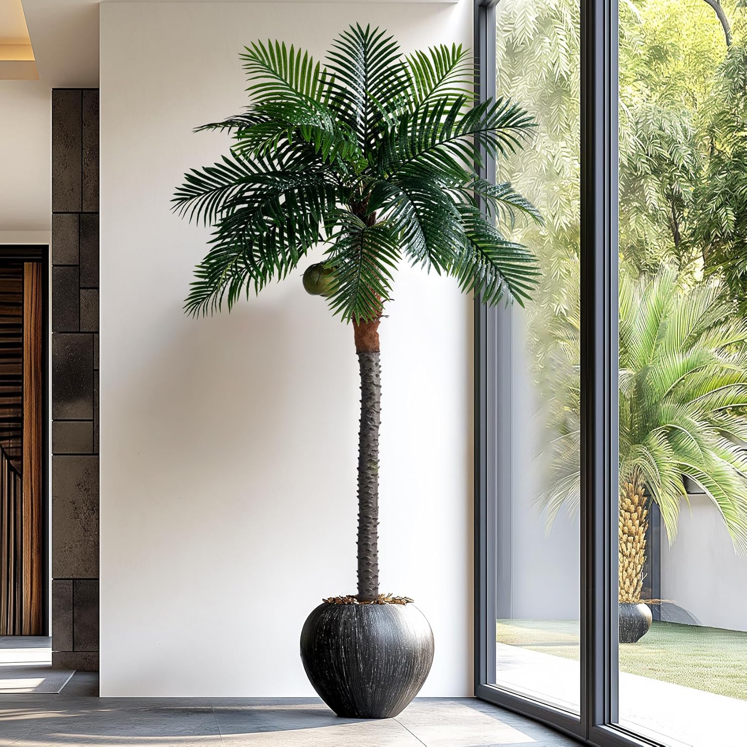 8.2FT Artificial Phoenix Palm Tree with Coconut Fruit Outdoor Indoor Decor Large Faux Coconut Silk Palm Tree Tropical Fake Tree Large Faux Sago Palm Plant for Home Yard Outside Patio Poolside