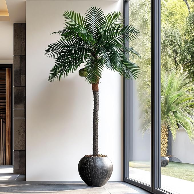8.2FT Artificial Phoenix Palm Tree with Coconut Fruit Outdoor Indoor Decor Large Faux Coconut Silk Palm Tree Tropical Fake Tree Large Faux Sago Palm Plant for Home Yard Outside Patio Poolside