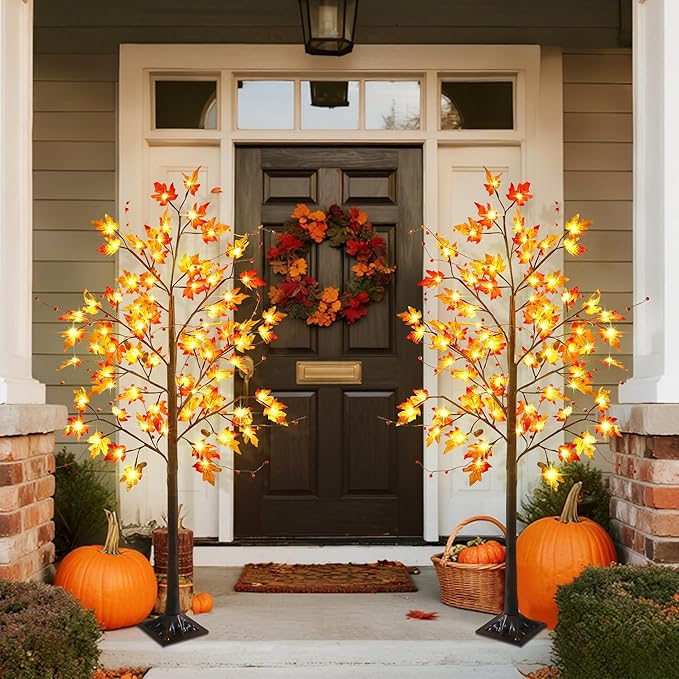 FORUP 2 Pack LED Lighted Maple Tree, 5 FT Lighted Artificial Tree for Thanksgiving Harvest Fall Festival Halloween Home Party Decoration