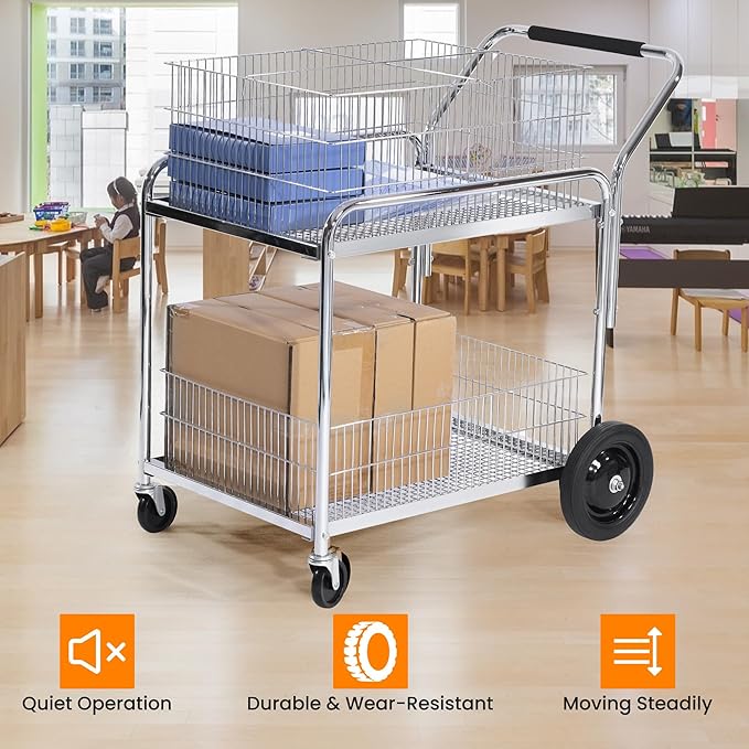 Mail Office File Cart, 400lb Capacity Heavy Duty Steel File Organizer Cart, 2 Shelf Basket Wire Office File Cart for Offices, Home, Grocery, Warehouse