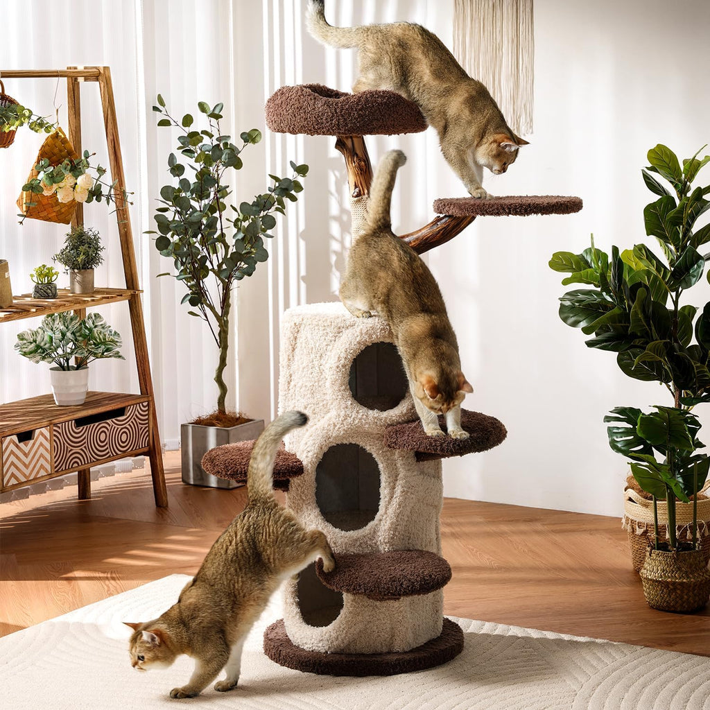 54.7'' Tall Modern Wood Cat Tree with 3 Level House, Luxury Cat Tower for Home Decoration, Large Cat Condo for Multi-Cat Families