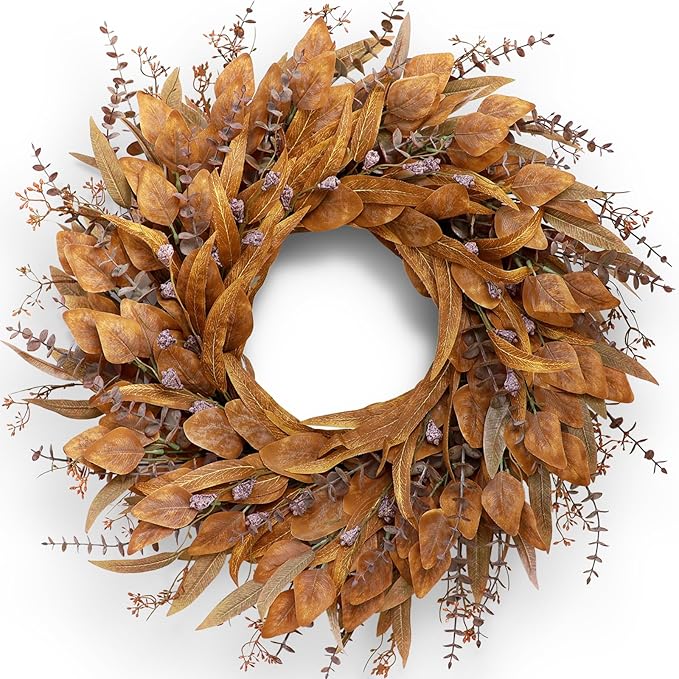 26'' Eucalyptus Wreath for Front Door - Autumn Large Artificial Eucalyptus Outdoor Wreath for Porch, Window,Farmhouse,Home,Holiday,Hanging Fall Decorations (Orange)