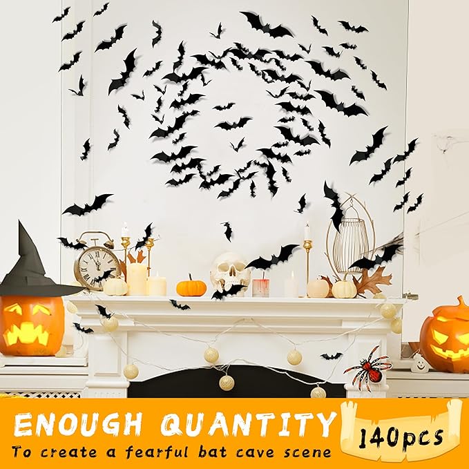 Halloween Party Supplies Hallween Decorations Bats Wall Decor 140PCS Realistic PVC 3D Black Scary Bat Sticker for Creepy Home Decor Halloween Party Decorations DIY Wall Decal Bathroom Indoor Halloween Decor