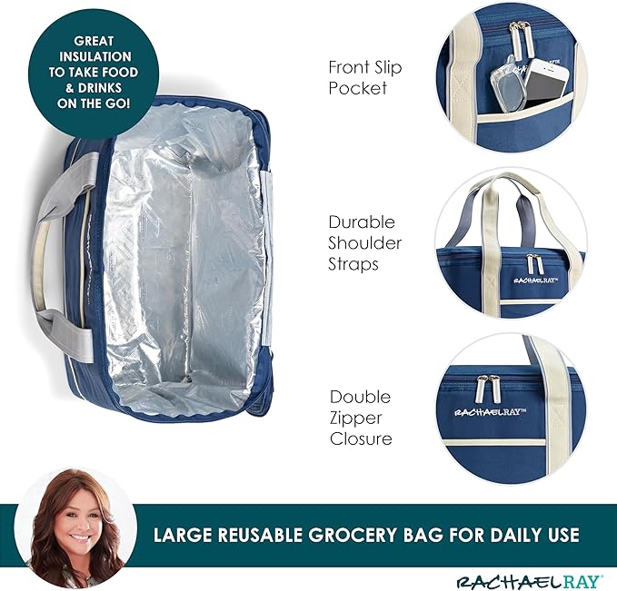 Rachael Ray Soft Reusable Insulated Canvas Grocery Tote Bag, Navy