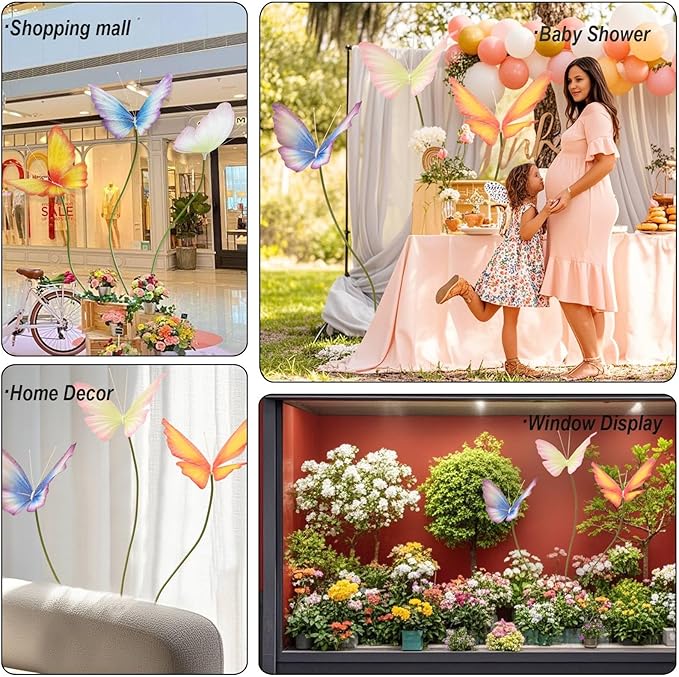 3Pcs Large Silk Butterfly Decorations,Big Butterfly Decoration with Standing Base,Mariposas Grandes Para Decoracion for Wedding Birthday Party Decor Ideal for Home and Event Decorations(Red Yellow)