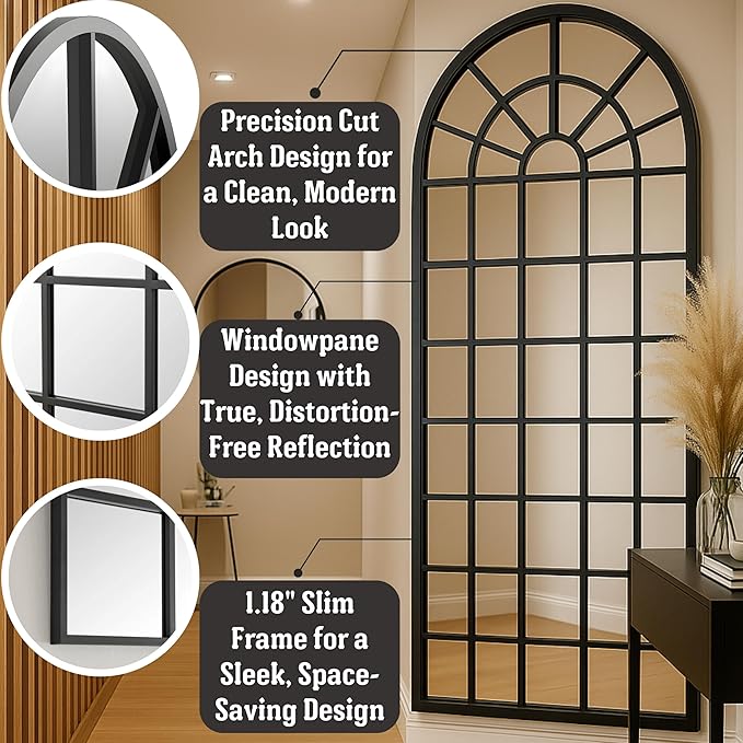 70x30Inch Large Arched Window Pane Mirror| Black Arched Mirrors for Wall & Floor | Arch Mirror Full Length for Entryway Living Room & Bedroom | Oversized Mirrors | Wall Art Decorative |Farmhouse Décor