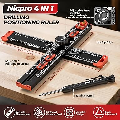 Nicpro 4-in-1 Drilling Positioning Scribing Ruler, Adjustable Multifunctional T Square Ruler with Carpenter Pencil, Carpenters Square Tools for Woodworking, Cabinet Drawer Door Hole Drilling Template