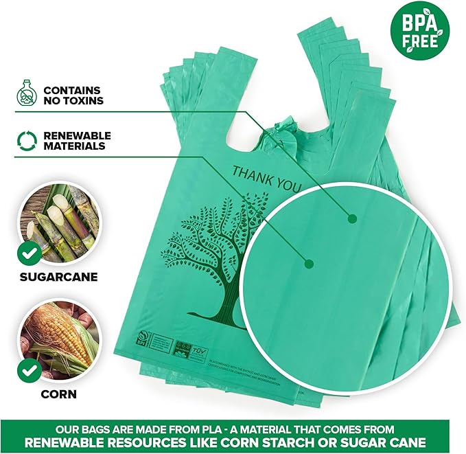 200 Pack Thank You Bags Disposable Eco Grocery T-Shirt Bag with Handles for Supermarket, Groceries, Produce, Shopping, Trash, Small Commercially Compostable Baggies Bulk